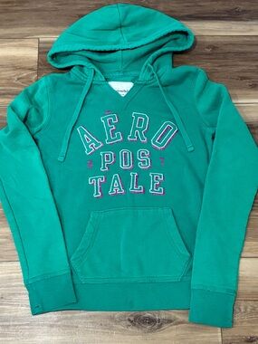 Aeropostale Teal Green Embroidered Pullover Hoodie Sweatshirt Girls Small